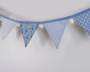 Rabbits and owls blue bunting with white pom-poms