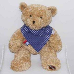 Blue-Polka-Dot-trim-bandana-bib-with-ribbons-BB007