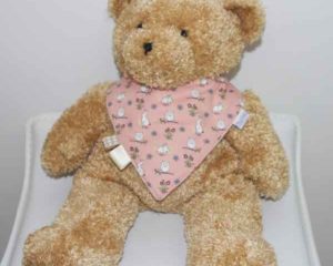 Peach-Rabbits-and-Owls-trim-bandana-bib-BB004