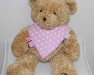 Pink-Polka-Dot-trim-bandana-bib-with-ribbons-BB005
