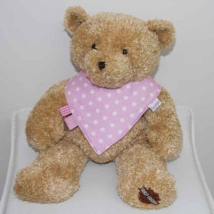 Pink-Polka-Dot-trim-bandana-bib-with-ribbons-BB005