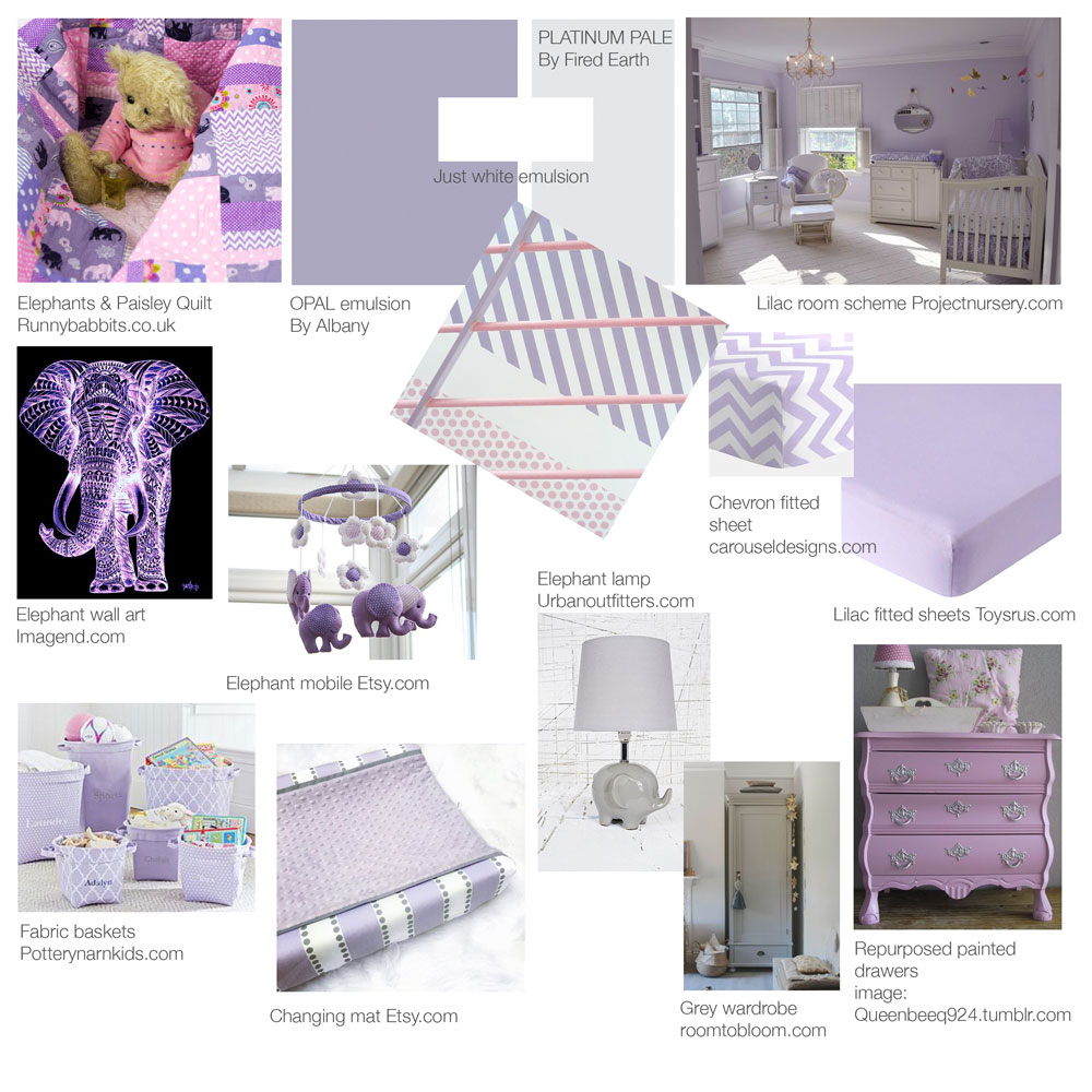 A pretty nursery colour scheme in lilac, pink and grey