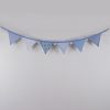 Rabbits and owls blue bunting with white pom-poms front-on